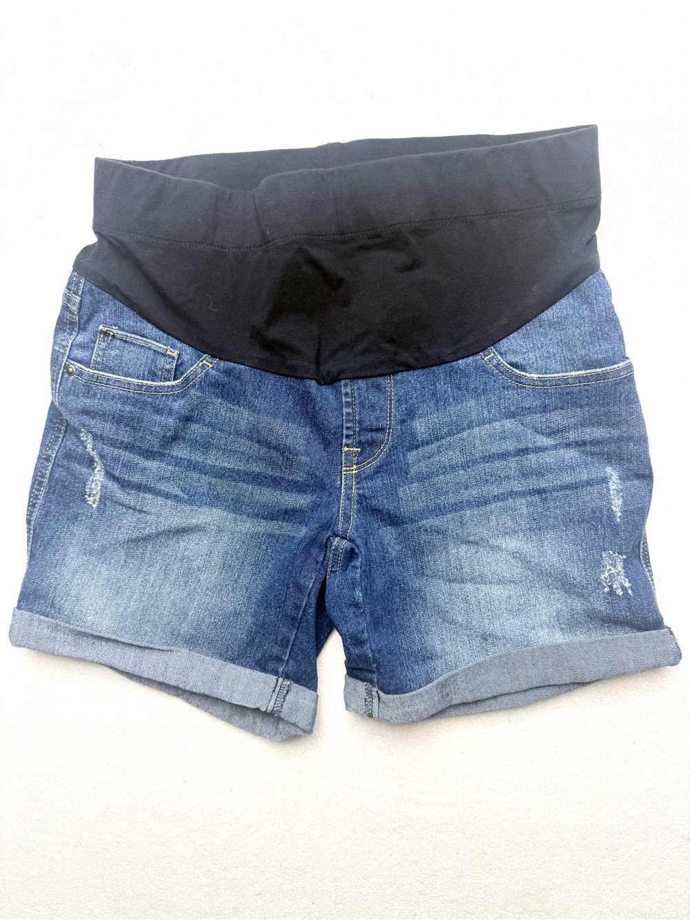 Motherhood Dark Blue Denim Maternity Shorts with Belly Panel